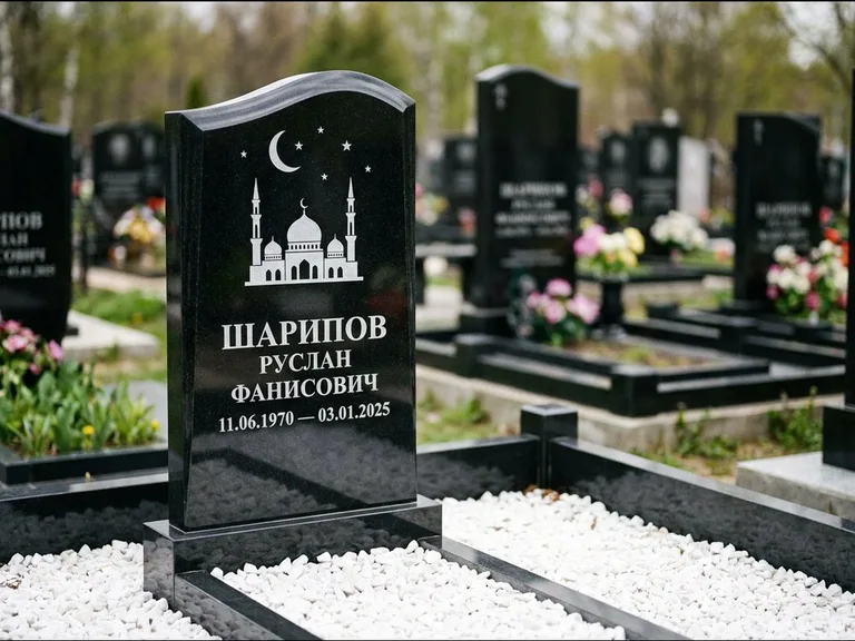 Мусульманский памятник с гравировкой мечети: стела с волнообразным скошенным верхом — гравировка мечети под полумесяцем и звёздами, белая мраморная крошка с бордюром, работа «Шарипов» в Набережных Челнах