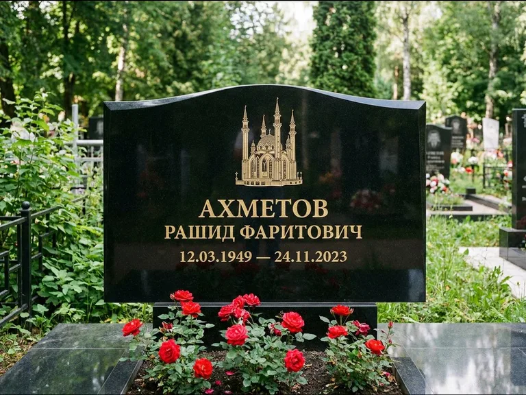 Мусульманский памятник с гравировкой мечети: широкая двойная семейная стела — золочёная гравировка мечети, цветник с красными розами, работа «Ахметов» в Набережных Челнах
