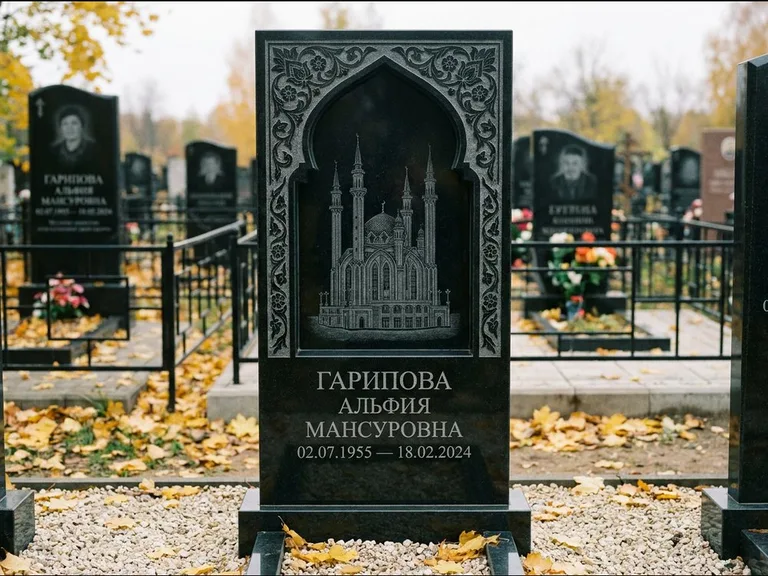 Мусульманский памятник с гравировкой мечети: фигурная стела с михраб-нишей — гравировка мечети в михраб-арке с орнаментом, светлая гравийная отсыпка, работа «Гарипова» в Набережных Челнах