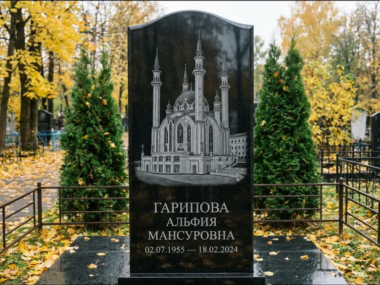 Мусульманский памятник с гравировкой мечети — мечеть Кул-Шариф на обороте стелы, работа «Гарипова» в Набережных Челнах