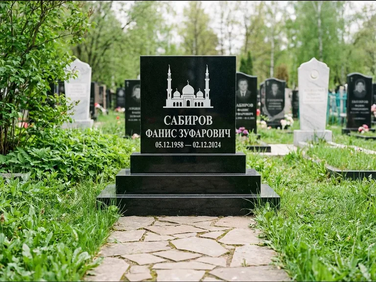 Мусульманский памятник с гравировкой мечети: ступенчатая трёхуровневая стела — золочёная гравировка мечети, дорожка из природного плитняка, работа «Юсупов» в Набережных Челнах