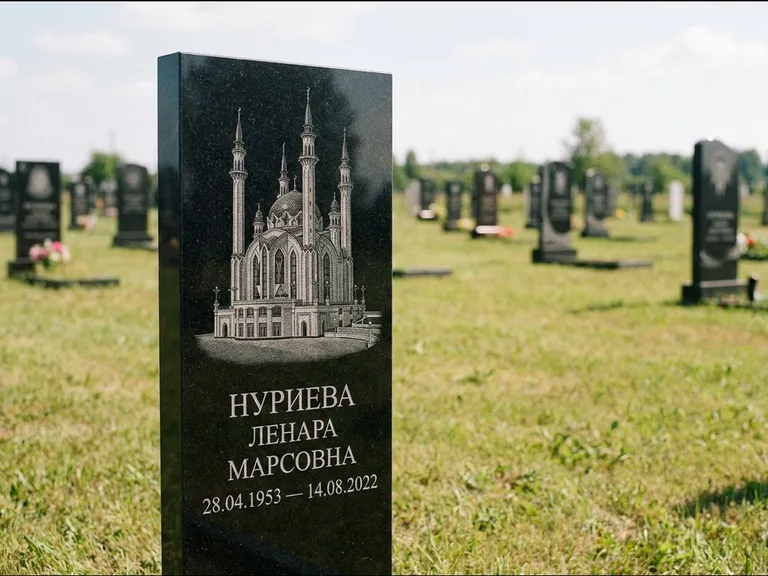 Мусульманский памятник с гравировкой мечети: узкая вертикальная стела-пилон — гравировка мечети в михраб-арке с орнаментом, открытая лужайка без ограды, работа «Хайруллина» в Набережных Челнах