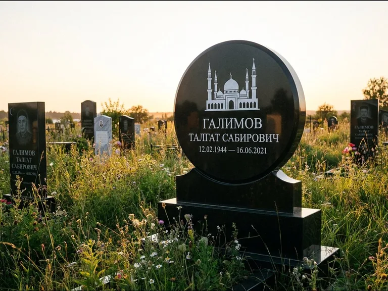 Мусульманский памятник с гравировкой мечети: округлая стела-медальон на тумбе — гравировка мечети в михраб-арке с орнаментом, луговые травы и полевые цветы, работа «Каримов» в Набережных Челнах