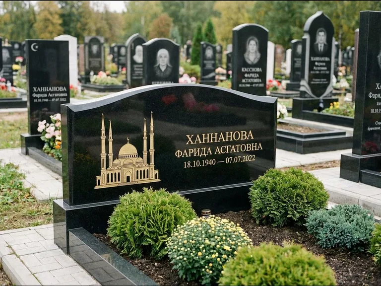 Мусульманский памятник с гравировкой мечети: вытянутая горизонтальная семейная стела с аркой — белая гравировка силуэта мечети с минаретами, участок с декоративными кустами, работа «Гарипова» в Набережных Челнах