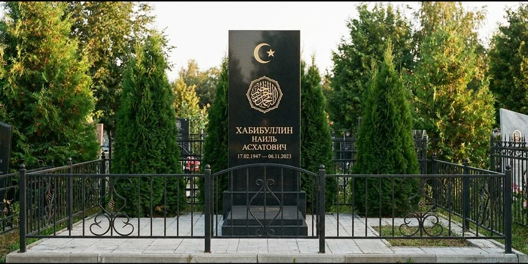 Гравировка на мусульманском памятнике в Набережных Челнах — стела из чёрного гранита, оформление по канонам ислама