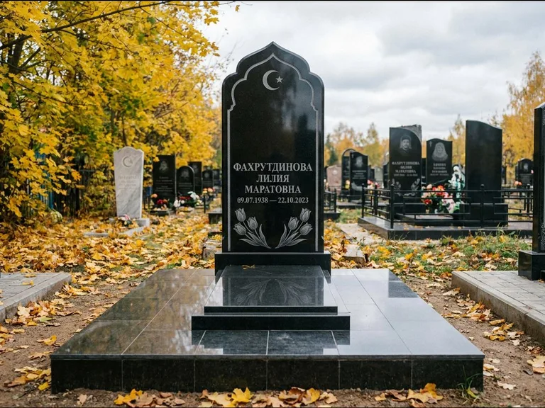 Мусульманский памятник: стела с михраб-навершием в форме арки — гравировка минарета с полумесяцем, гранитный цоколь с тёмной плиткой, работа «Фахрутдинова» в Набережных Челнах