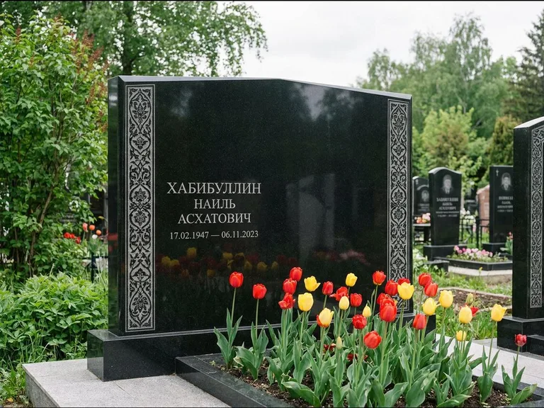 Мусульманский памятник: широкая двойная семейная стела — золочёная гравировка мечети, цветник с тюльпанами, работа «Хабибуллин» в Набережных Челнах