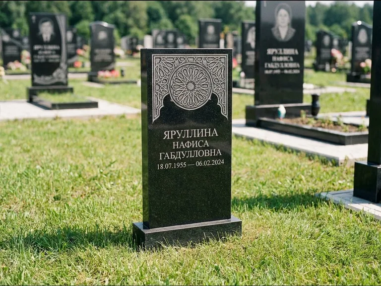 Мусульманский памятник: небольшая скромная невысокая стела — золочёная гравировка мечети, аккуратный участок с газоном, работа «Фахрутдинова» в Набережных Челнах