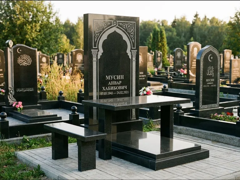 Мусульманский памятник: стела с гранитным столиком и скамьёй — гравировка мечети под полумесяцем и звёздами, семейный участок с плиткой, работа «Гимаев» в Набережных Челнах