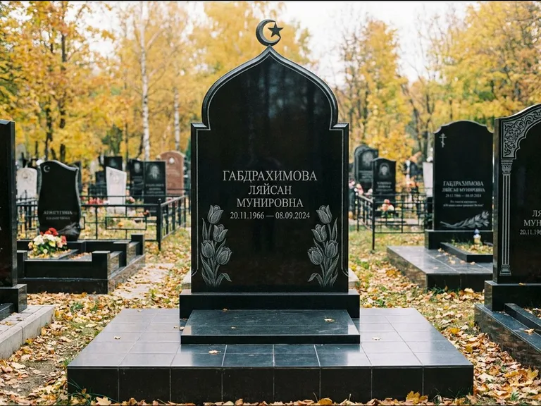 Мусульманский памятник: массивная стела с михраб-навершием — белая гравировка силуэта мечети с минаретами, цоколь тёмной плиткой, работа «Магомедова» в Набережных Челнах