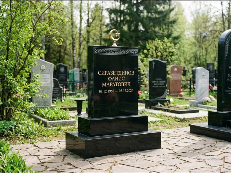 Мусульманский памятник: ступенчатая трёхуровневая стела — золочёная гравировка мечети, дорожка из природного плитняка, работа «Мустафин» в Набережных Челнах