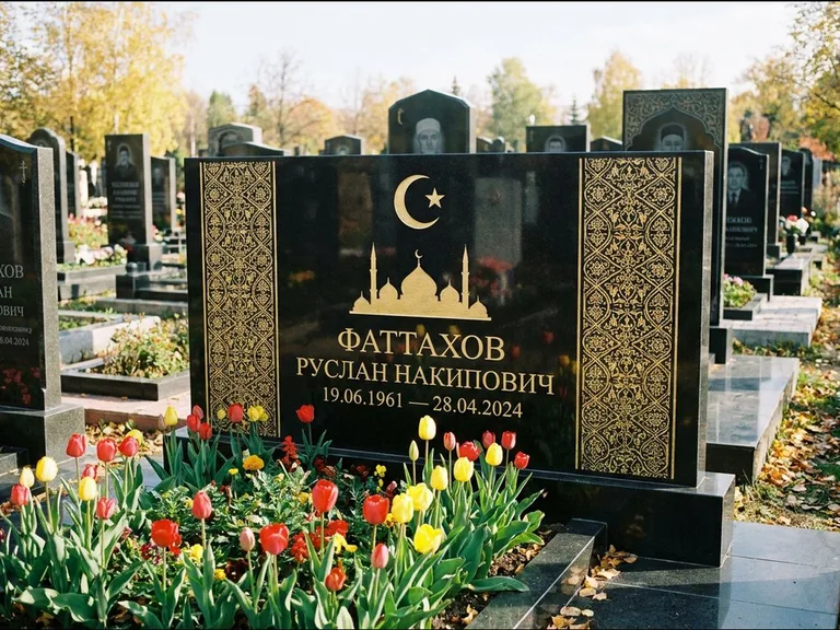 Мусульманский памятник: широкая панорамная стела с золочёным орнаментом — гравировка минарета с полумесяцем, цветник с тюльпанами, работа «Сулейманов» в Набережных Челнах