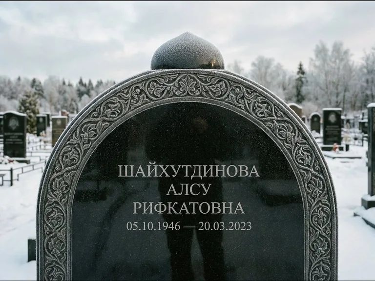 Мусульманский памятник: полукруглая стела с купольным навершием — гравировка мечети под полумесяцем и звёздами, заснеженный зимний участок, работа «Ганиева» в Набережных Челнах