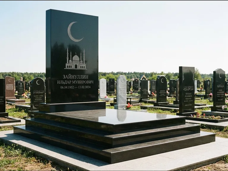 Мусульманский памятник: массивная стела на ступенчатом постаменте — гравировка мечети под полумесяцем и звёздами, гранитная площадка без ограды, работа «Хабибуллин» в Набережных Челнах