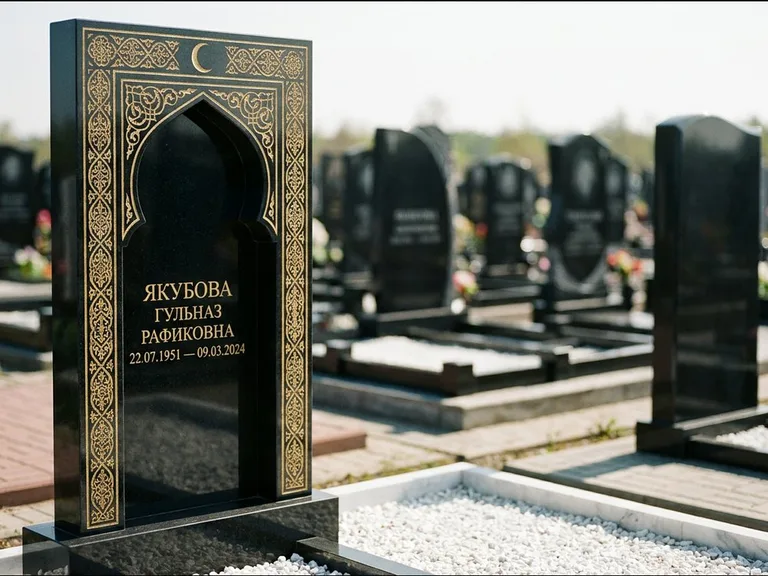 Мусульманский памятник: стела в форме михраба с глубокой нишей и золочёным орнаментом — детализированная гравировка мечети Кул-Шариф, участок с белой мраморной крошкой, работа «Мустафин» в Набережных Челнах