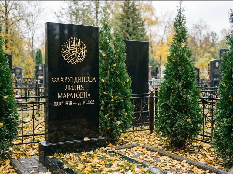 Мусульманский памятник — шахада в верхней части стелы, работа «Фахрутдинова» в Набережных Челнах