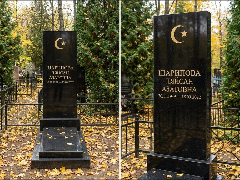 Памятник с гравировкой полумесяца — золочёная гравировка полумесяца со звездой в верхней части с, работа «Шарипова» в Набережных Челнах