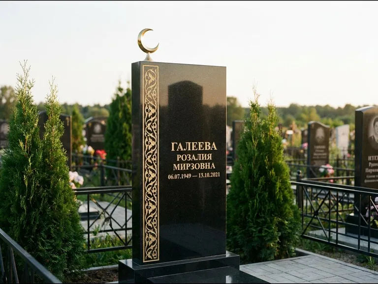 Памятник с гравировкой полумесяца — золочёный полумесяц и колонна растительного орнамента-ислими, работа «Галеева» в Набережных Челнах