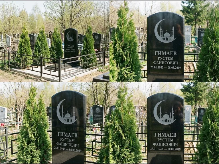 Памятник с гравировкой полумесяца — гравировка полумесяца над силуэтом мечети, работа «Гимаев» в Набережных Челнах