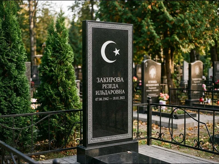 Памятник с гравировкой полумесяца — строгая белая гравировка полумесяца со звездой и орнаменталь, работа «Закирова» в Набережных Челнах