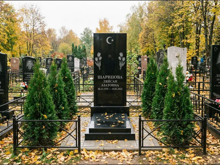 Памятник с гравировкой полумесяца — гравировка полумесяца со звездой и тюльпанами по бокам, работа «Шарипова» в Набережных Челнах
