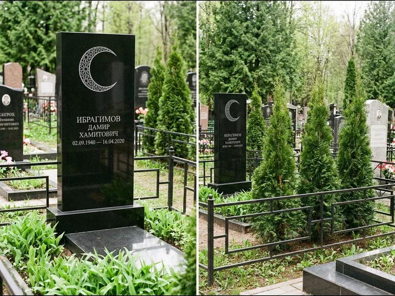 Памятник с гравировкой полумесяца — гравировка полумесяца в геометрическом орнаменте-гирихе, работа «Ибрагимов» в Набережных Челнах