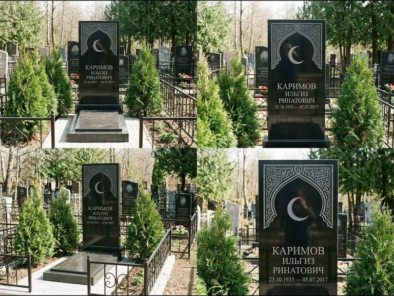 Памятник с гравировкой полумесяца — гравировка полумесяца в восточной арке с орнаментом, работа «Каримов» в Набережных Челнах