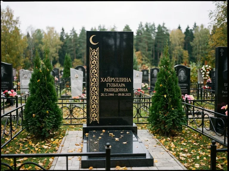 Памятник с гравировкой полумесяца — золочёный полумесяц и колонна растительного орнамента-ислими, работа «Хайруллина» в Набережных Челнах