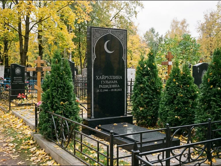 Памятник с гравировкой полумесяца — гравировка полумесяца в восточной арке с орнаментом, работа «Хайруллина» в Набережных Челнах