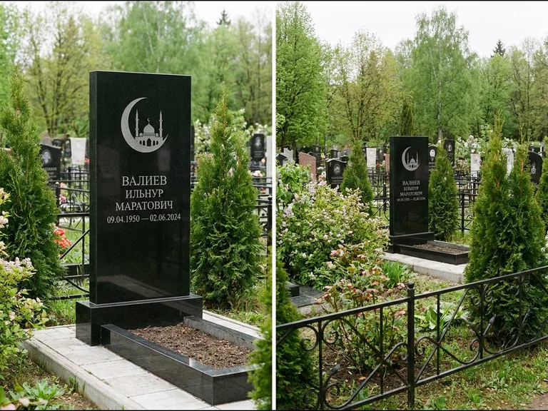 Памятник с гравировкой полумесяца — гравировка полумесяца над силуэтом мечети, работа «Валиев» в Набережных Челнах