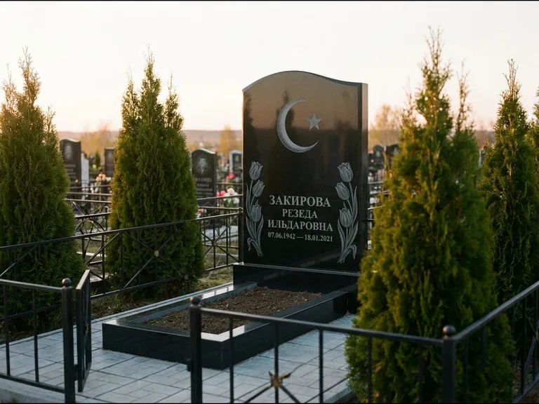 Памятник с гравировкой полумесяца — гравировка полумесяца со звездой и тюльпанами по бокам, работа «Закирова» в Набережных Челнах