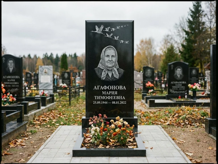 Гравировка журавлей на памятник в Набережных Челнах — памятник из чёрного гранита с гравировкой