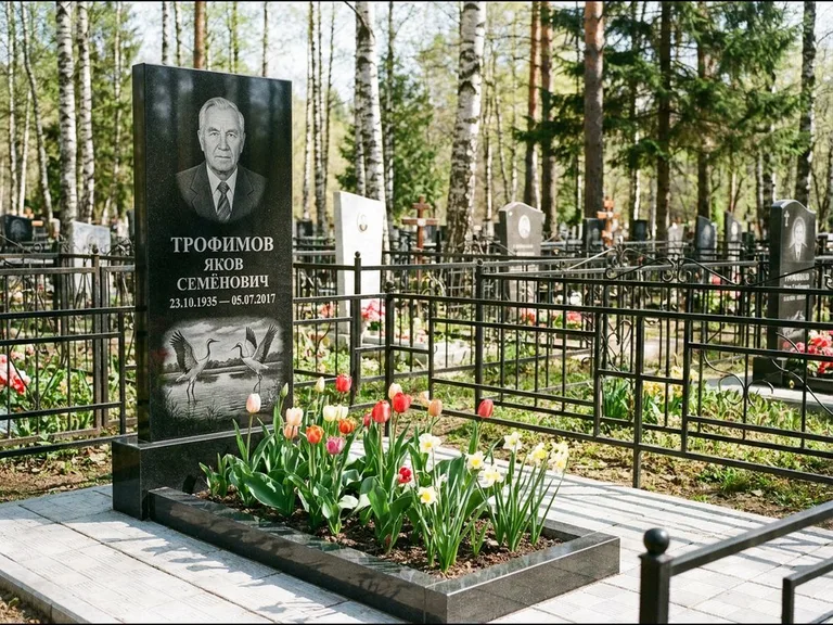 Памятник с гравировкой журавлей — гравировка пары журавлей над гладью озера в нижней части, работа «Трофимов» в Набережных Челнах
