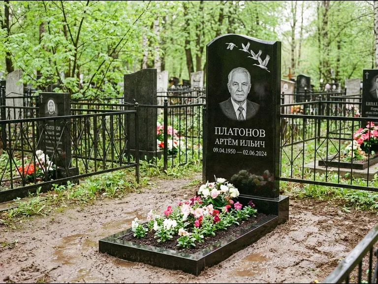 Памятник с гравировкой журавлей — белая гравировка клина журавлей, уходящего в верхний угол ст, работа «Платонов» в Набережных Челнах