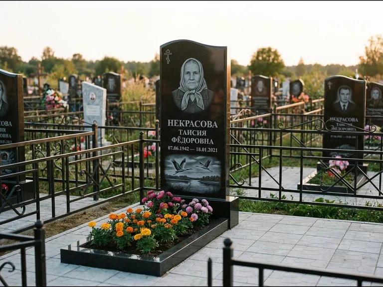 Памятник с гравировкой журавлей — гравировка пары журавлей над гладью озера в нижней части, работа «Некрасова» в Набережных Челнах