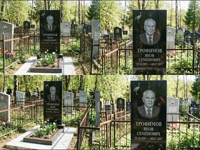 Памятник с гравировкой журавлей — гравировка одиночного летящего журавля над портретом, работа «Трофимов» в Набережных Челнах