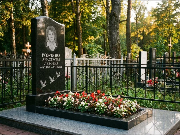 Памятник с гравировкой журавлей — гравировка трёх журавлей по диагонали через свободное поле с, работа «Рожкова» в Набережных Челнах