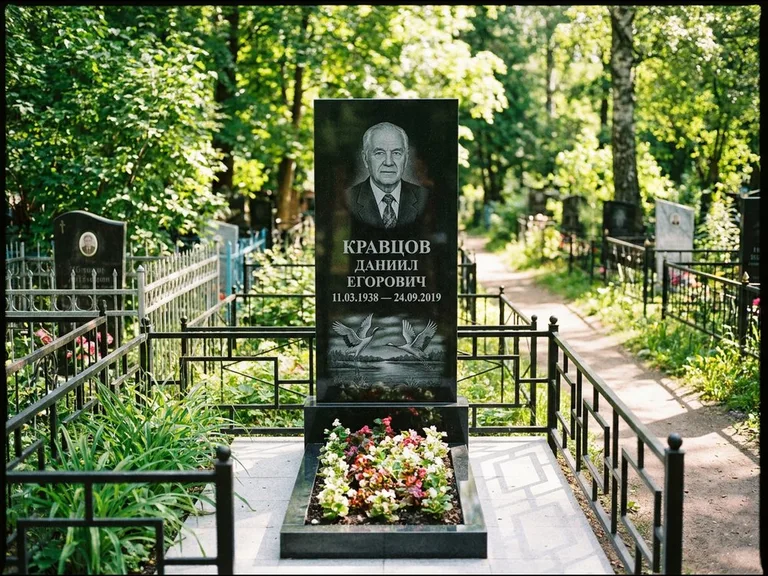 Памятник с гравировкой журавлей — гравировка пары журавлей над гладью озера в нижней части, работа «Кравцов» в Набережных Челнах