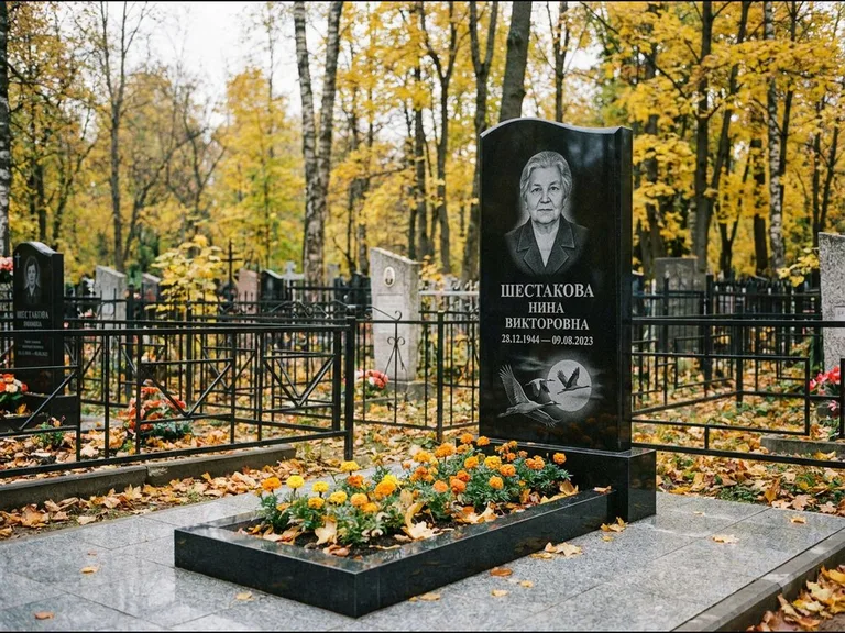 Памятник с гравировкой журавлей — гравировка клина журавлей на фоне солнечного диска, работа «Шестакова» в Набережных Челнах