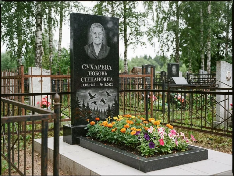 Памятник с гравировкой журавлей — гравировка силуэтов журавлей над еловым лесом, работа «Сухарева» в Набережных Челнах