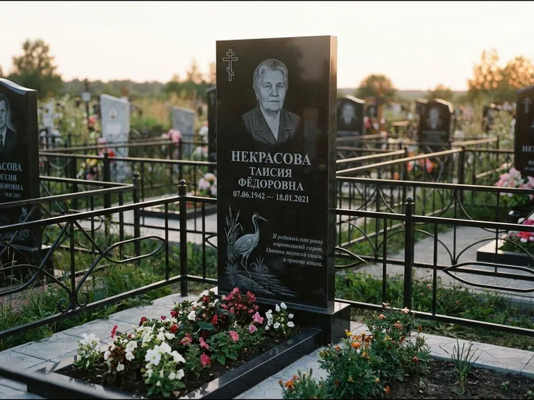 Памятник с гравировкой журавлей — гравировка журавля у камышей рядом с эпитафией, работа «Некрасова» в Набережных Челнах