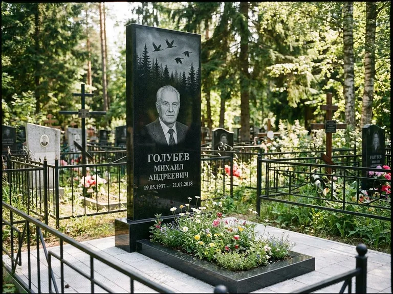 Памятник с гравировкой журавлей — гравировка силуэтов журавлей над еловым лесом, работа «Голубев» в Набережных Челнах