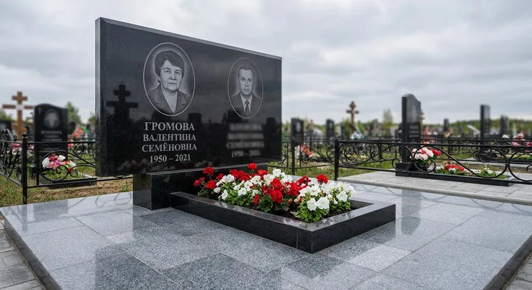 Семейный (двойной) памятник, Пример гранитного памятника, изготовленного мастерской на кладбище в Нижнем Новгороде