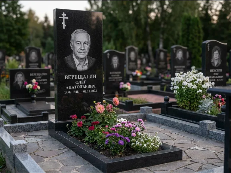 Памятник из чёрного гранита — горизонтальная плита-стела с православным восьмиконечным крестом, работа «Тихонов» в Набережных Челнах