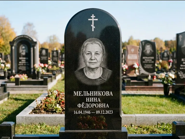 Памятник из чёрного гранита — стела с резным навершием с латинским крестом, работа «Савельева» в Набережных Челнах