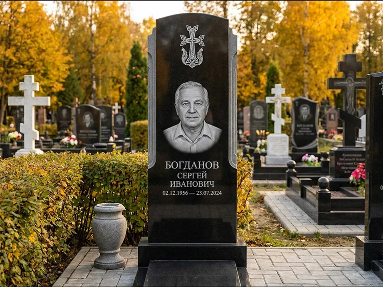 Памятник из чёрного гранита — круглая стела-медальон с армянским хачкаром, работа «Ковалёв» в Набережных Челнах