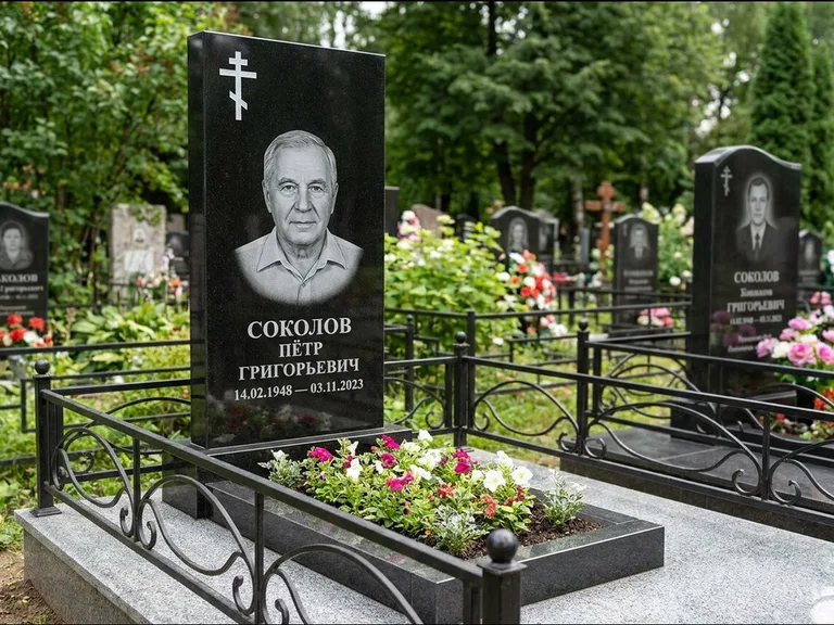 Памятник из чёрного гранита — стела с арочным верхом с православным восьмиконечным крестом, работа «Ковалёв» в Набережных Челнах