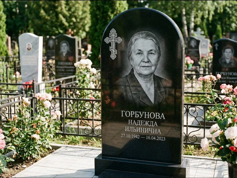 Памятник из чёрного гранита — стела с боковой колонной с крестом в лучах, работа «Мельникова» в Набережных Челнах