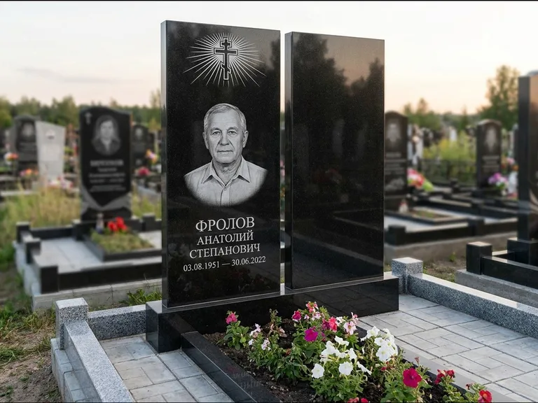 Памятник из чёрного гранита — стела на ступенчатом постаменте с золочёным крестом, работа «Богданов» в Набережных Челнах