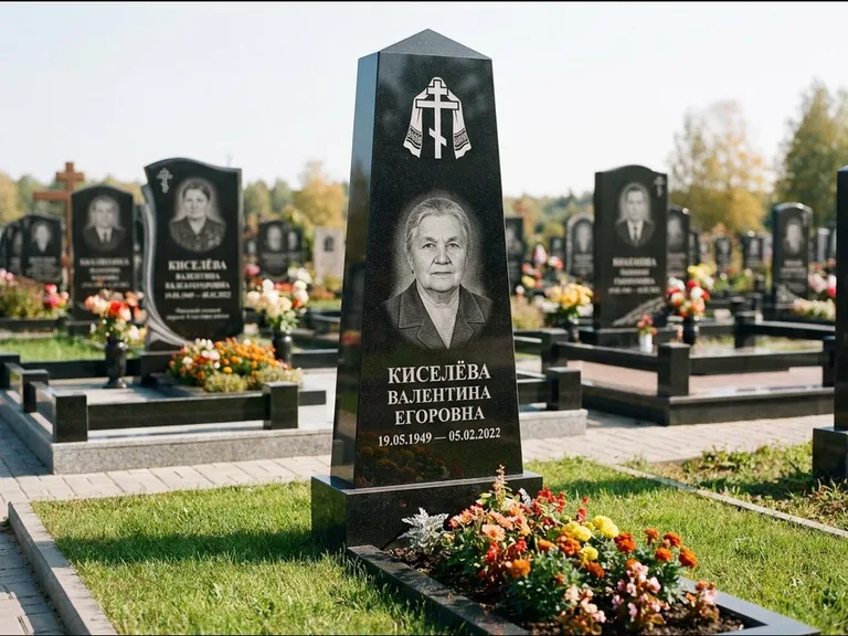 Памятник из чёрного гранита — стела со скошенным верхом с ажурным резным крестом, работа «Селезнёва» в Набережных Челнах